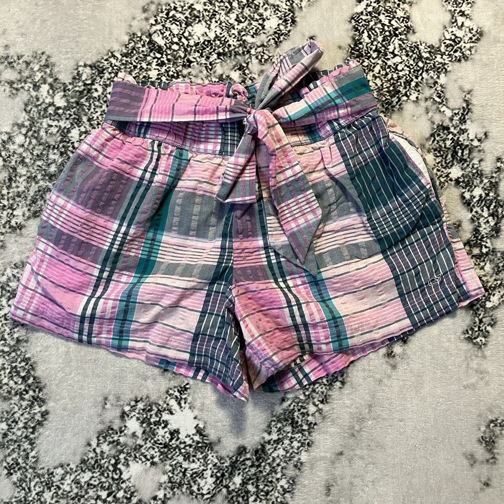 Vineyard Vines Shorts Womens Size XS Pink Blue Plaid Tie Waist Pockets Cotton